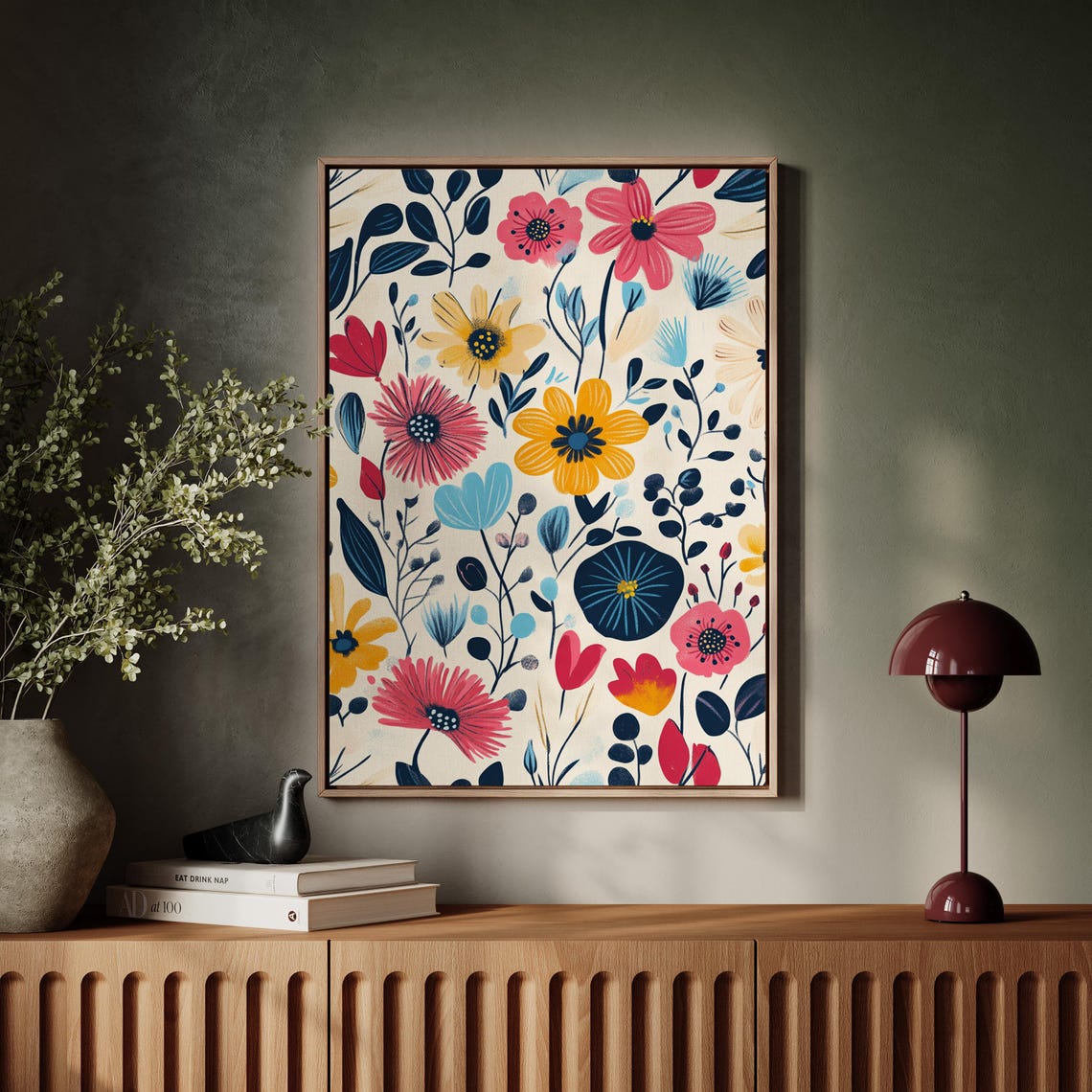 Dynamic Floral Illustration With Colorful Blossoms In Pink Yellow Blue And Red Hues Featuring Bold Modern Botanical Patterns - Image 2