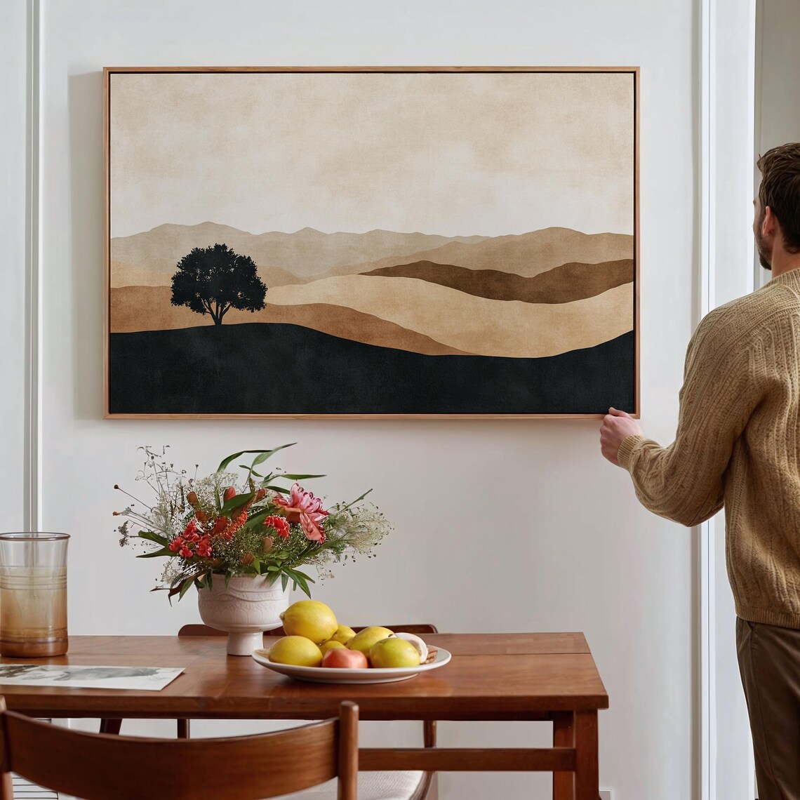 Minimalist Earth Toned Landscape Wall Art Print Serene Hills With Lone Tree Decor - Image 3