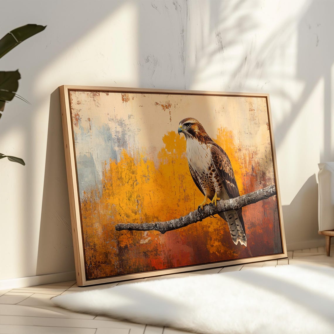Majestic Hawk On Branch Bold Wildlife Wall Art Print With Vibrant Autumn Textured Background - Image 5