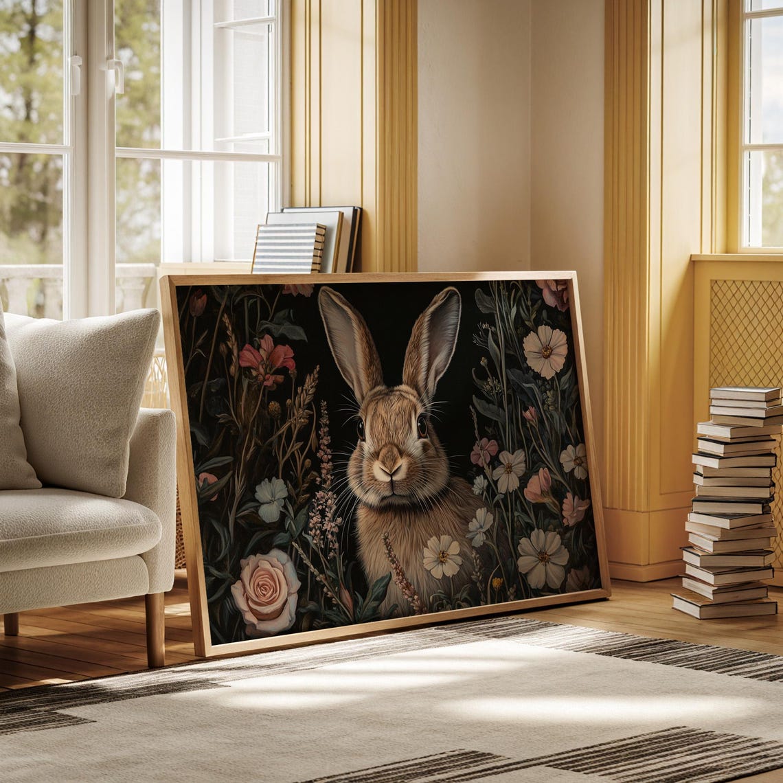 Brown Rabbit Among Wildflowers Dark Botanical Floral Animal Art Print - Image 5