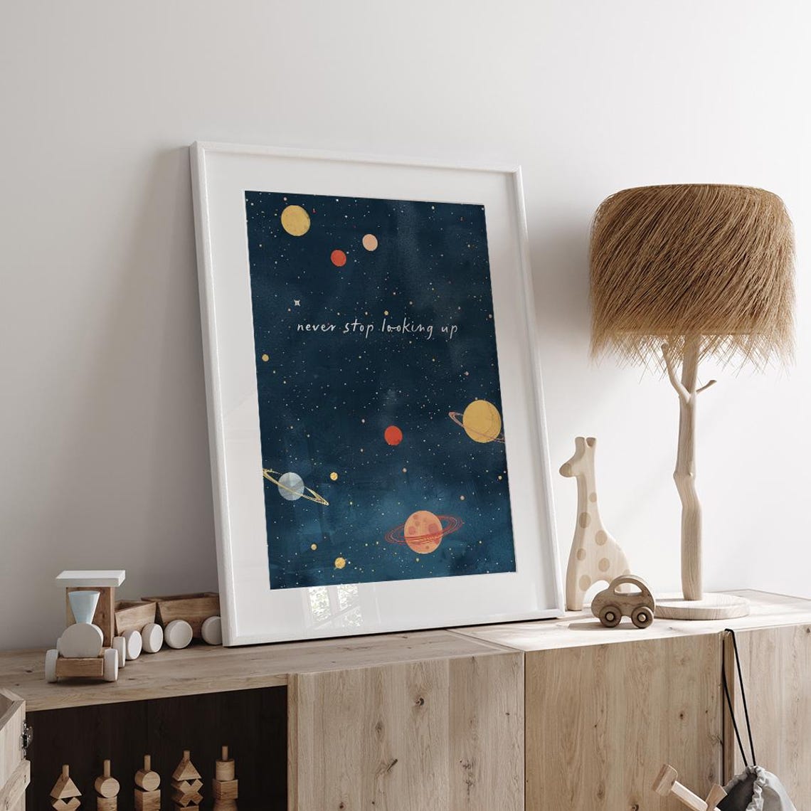 Never Stop Looking Up Solar System Planets Navy Nursery Wall Poster - Image 2