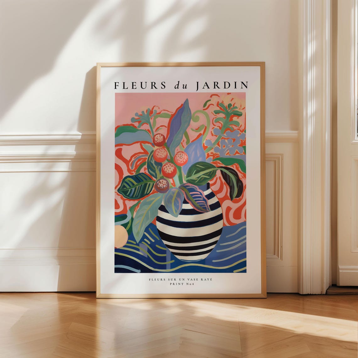 Fleurs Du Jardin Colorful Floral Bouquet Striped Vase Art Poster