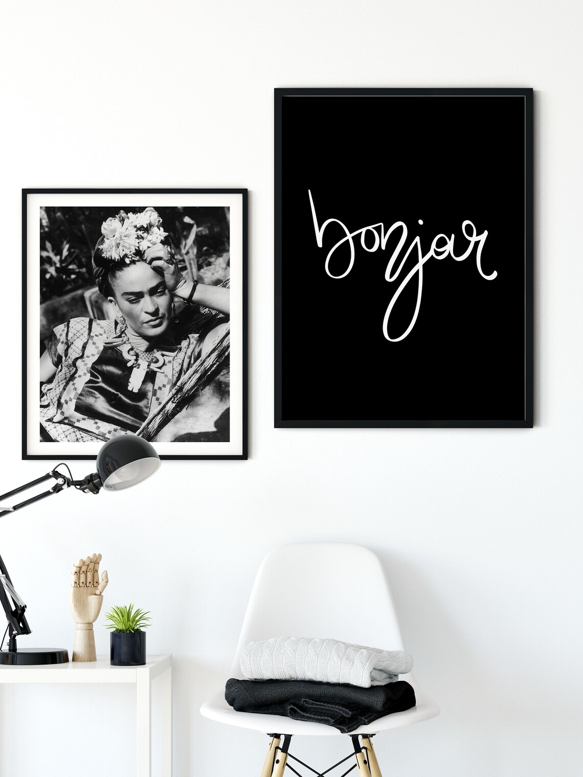 Bonjour French Script Typography Minimalist Black White Wall Art Poster - Image 4