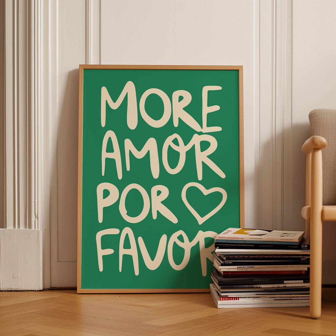More Amor Por Favor Green Love Quote Retro Heart Wall Art Print