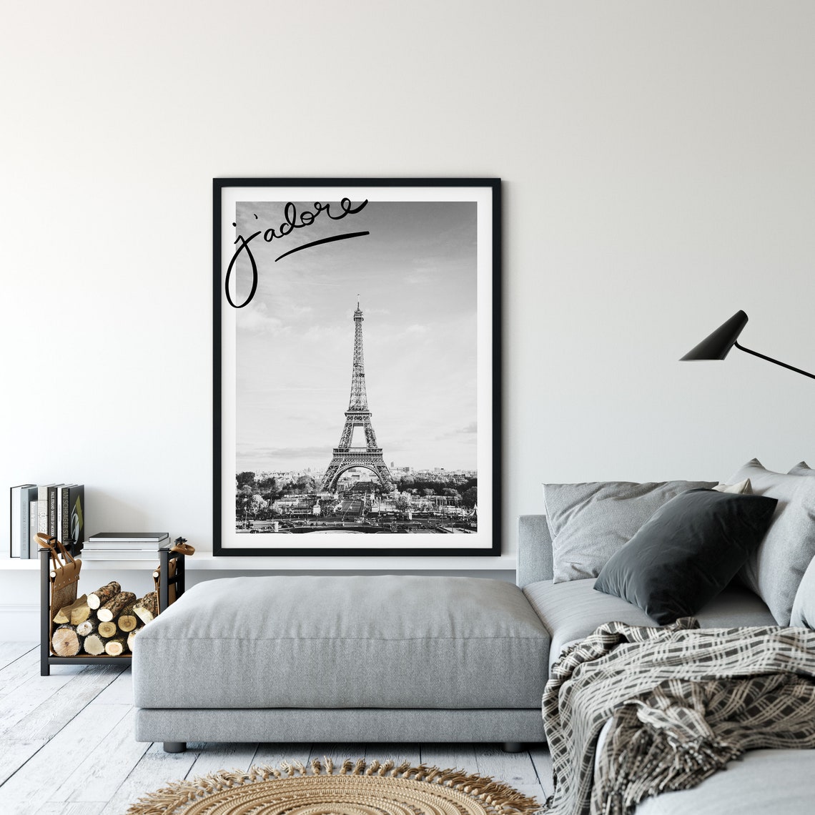 Eiffel Tower Paris France Monochrome J Adore Script Wall Poster - Image 3