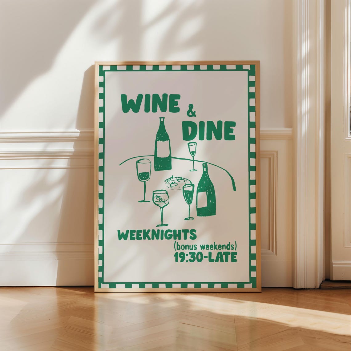 Wine and Dine Weeknights Retro Green Kitchen Bar Wall Art Poster Print