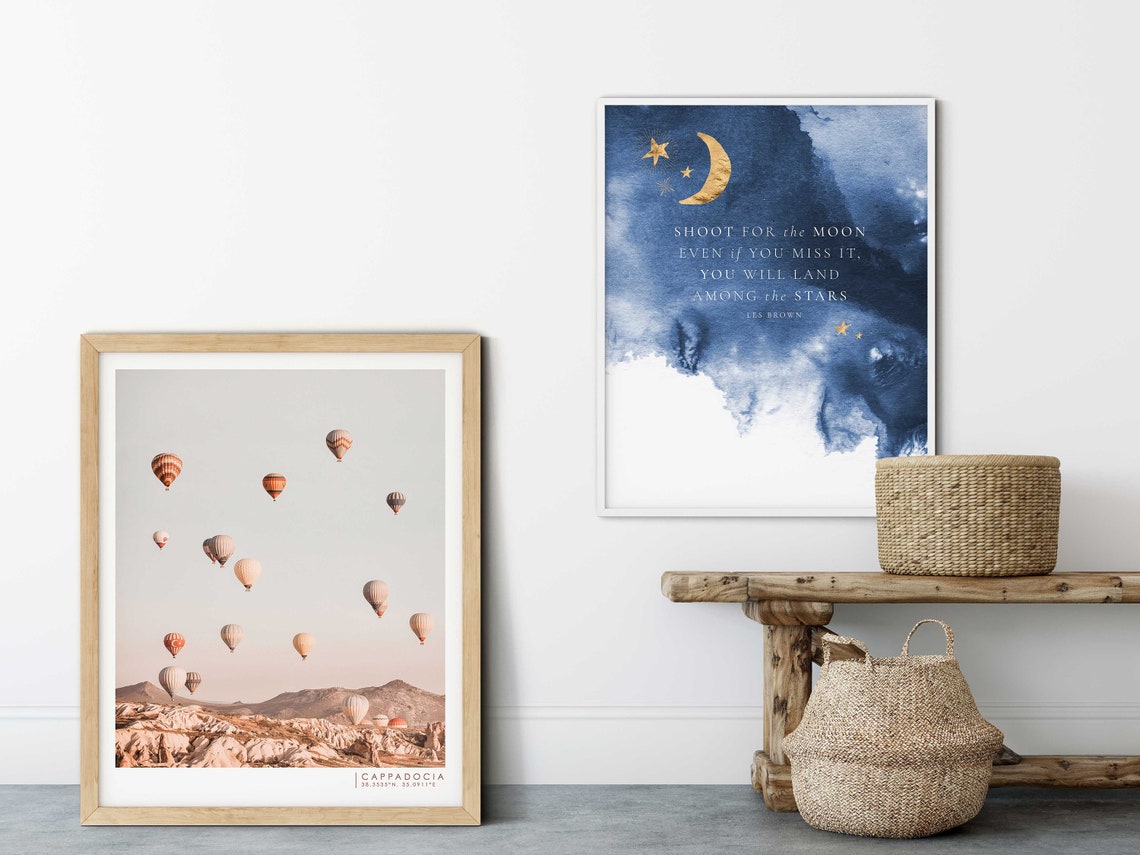 Shoot For The Moon Les Brown Quote Blue Watercolor Night Sky Poster - Image 2