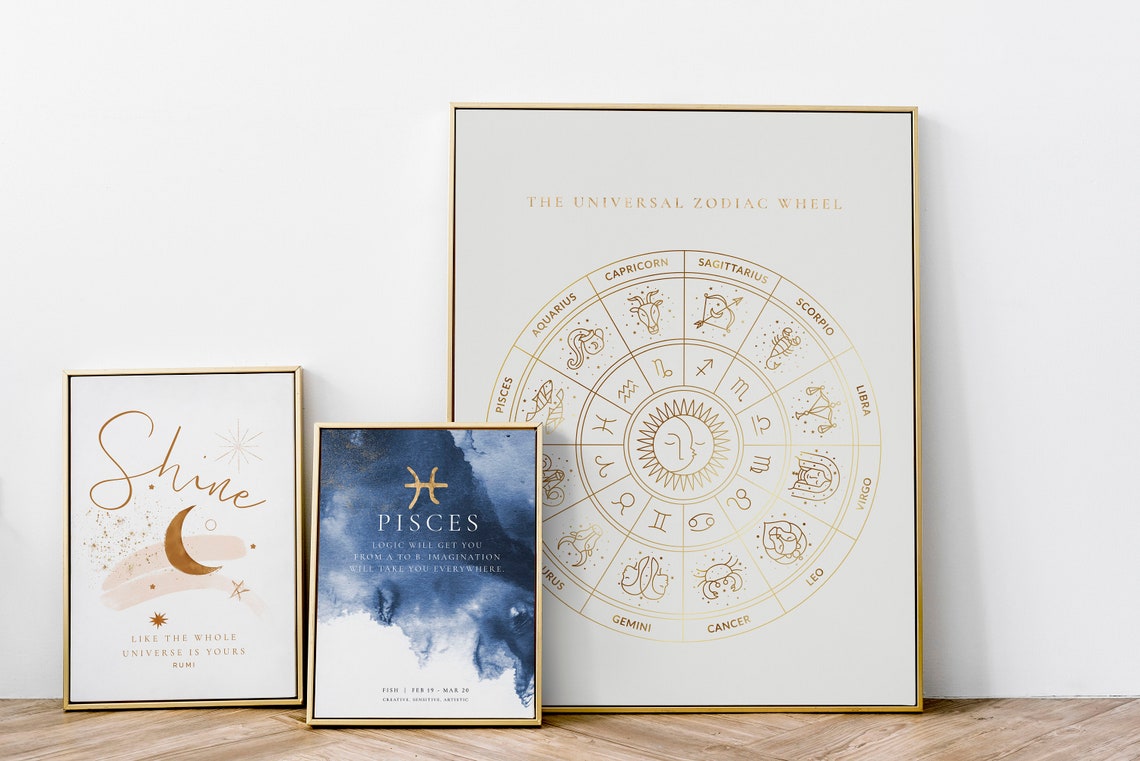 Universal Zodiac Wheel Gold Line Art Astrology Star Sign Chart Poster - Image 3