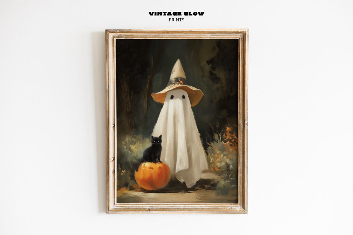 Halloween Ghost Witch Hat Black Cat Pumpkin Vintage Art Print