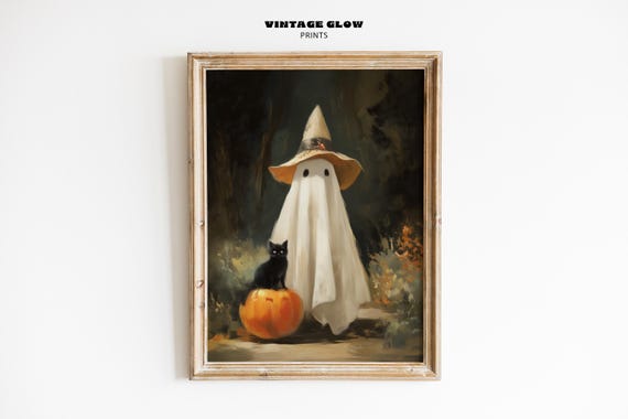 Vintage Halloween Black Cat Print Spooky Fall Forest Wall Art Witchy Moody Painting V440