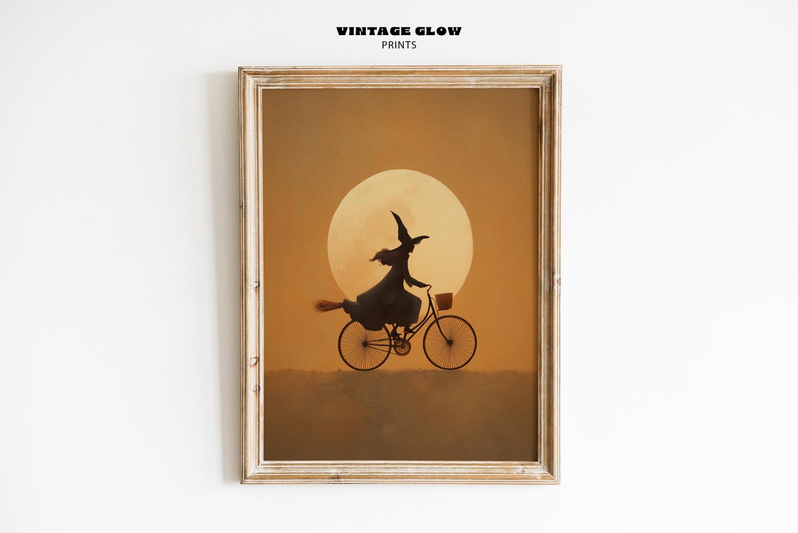 Vintage Witch Riding Bicycle Art Spooky Halloween Wall Decor Retro Autumn Print V374