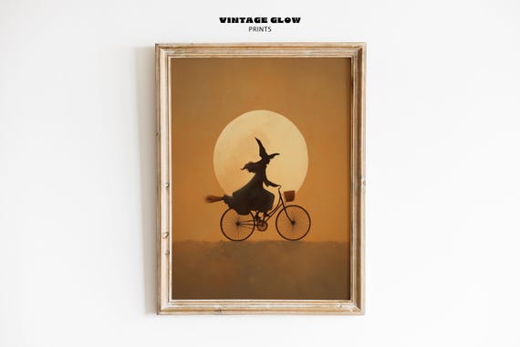 Vintage Witch Riding Bicycle Art Spooky Halloween Wall Decor Retro Autumn Print V374