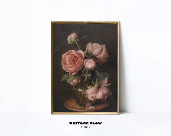 Moody Pink Peonies Art Print Vintage Dark Floral Wall Decor Farmhouse Flower Painting V101