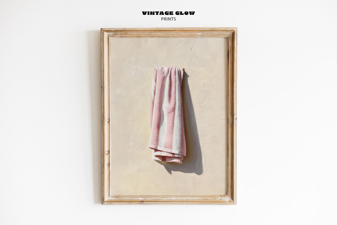 Pink White Striped Beach Towel Coastal Minimal Modern Wall Art