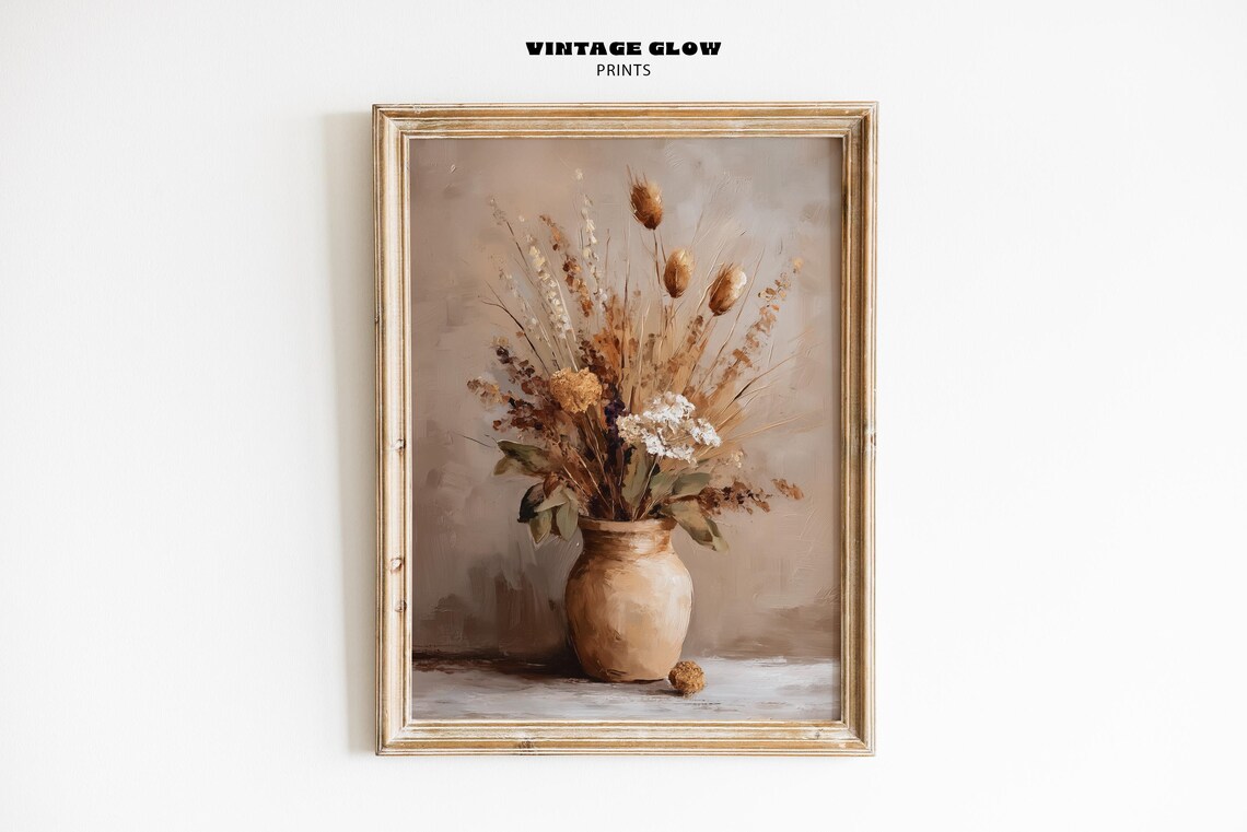 Vintage Dried Autumn Flowers Art Print, Rustic Botanical