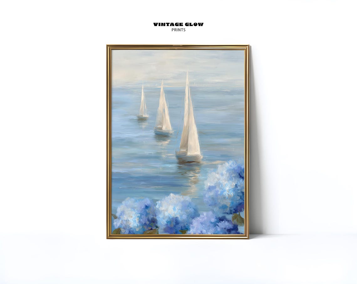 Three Sailboats Misty Sea Blue Hydrangeas Coastal Serene Print