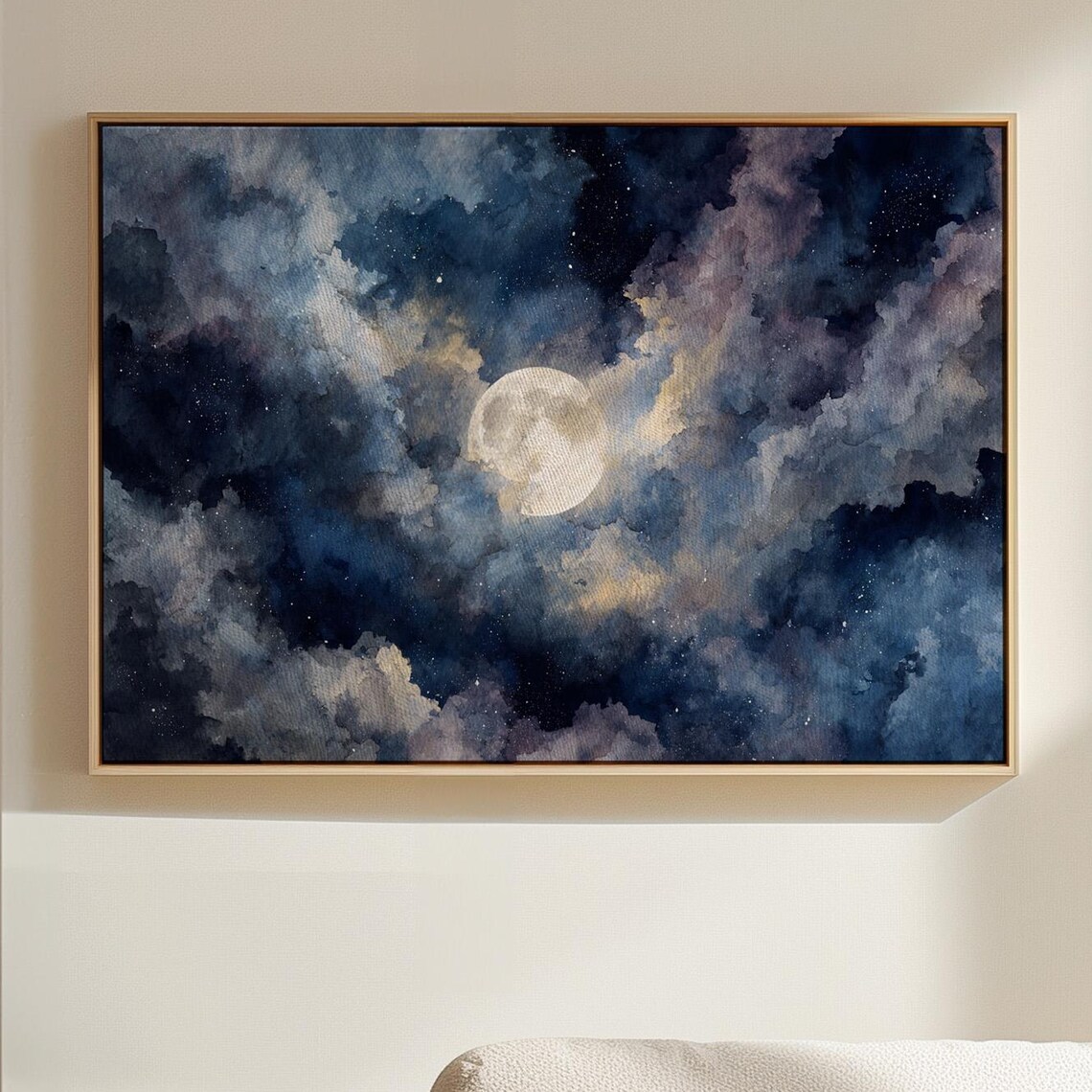 Luminous Full Moon Cloudy Night Sky Watercolor Celestial Wall Art