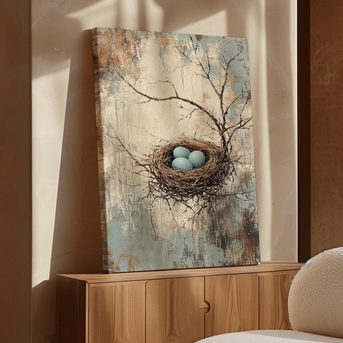 Rustic Bird Nest with Three Blue Eggs Among Bare Branches Poster