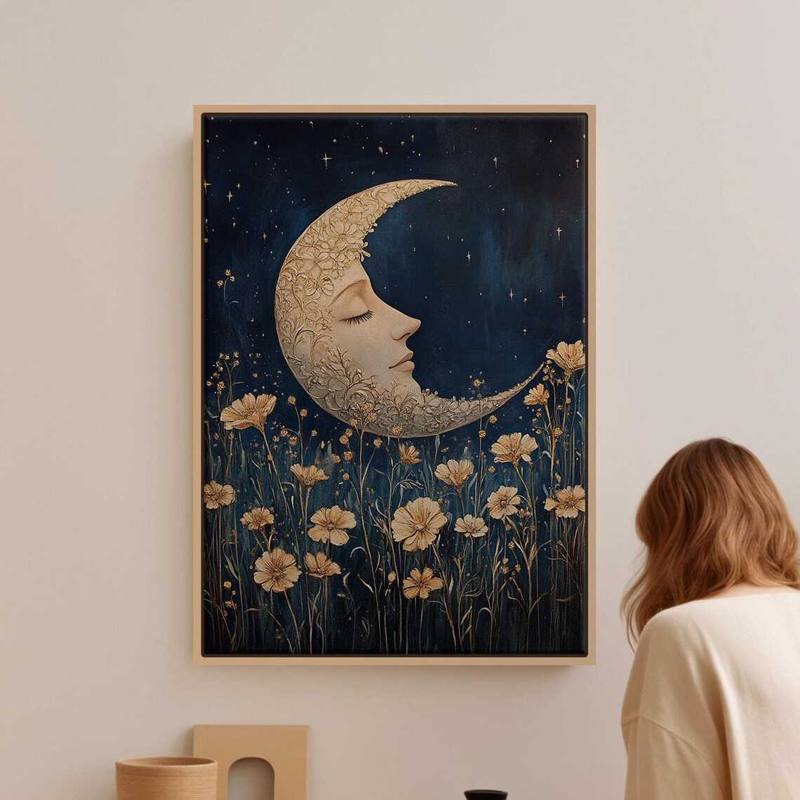 Crescent Moon With Floral Design, Dreamy Night Sky