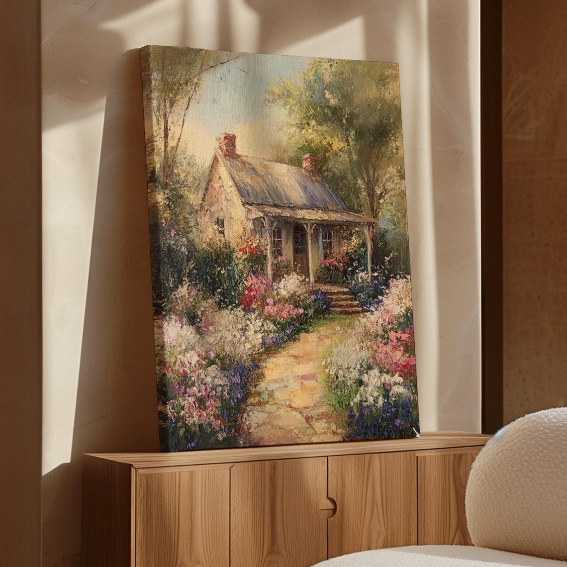 Cozy Cottage With Stone Path And Blooming Flower Beds Garden Poster