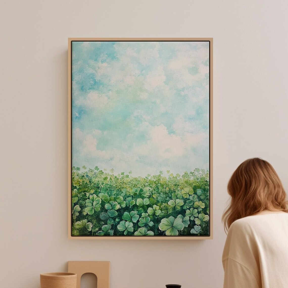 Lush Painted Meadow of Green Clover Under Soft Blue Sky Wall Art