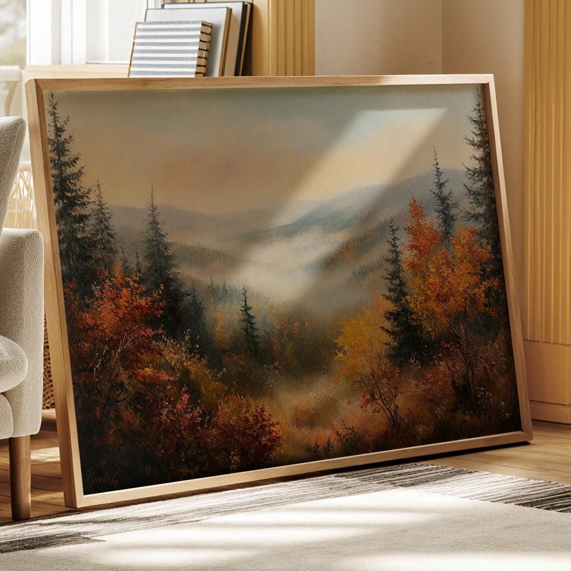 Autumn Mountain Landscape Misty Hills Fall Foliage Vintage Art Poster