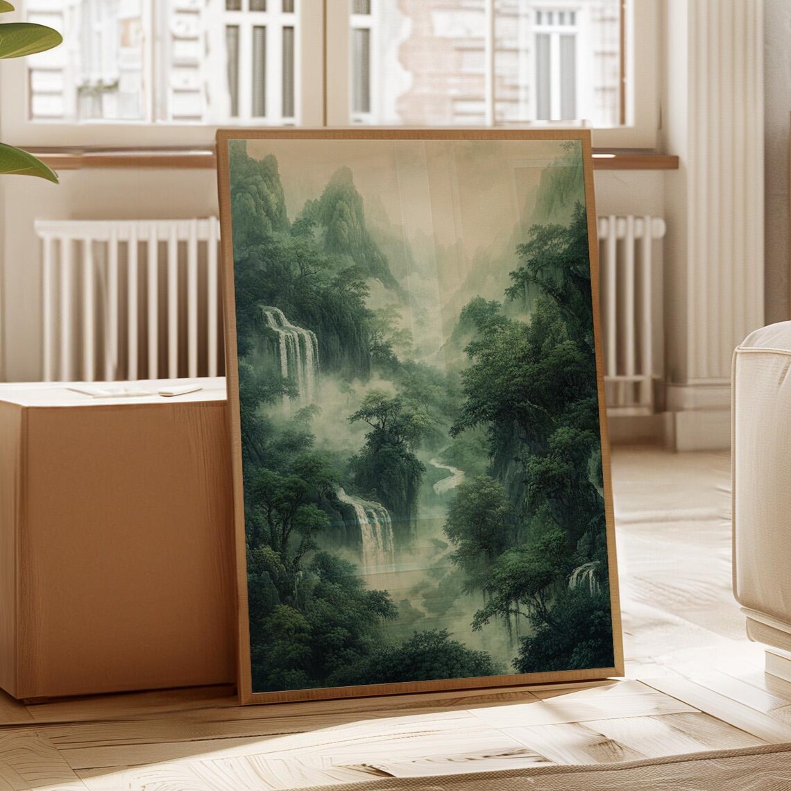 Green Valley Waterfalls Mist Chinese Ink Wash Lush Nature Poster