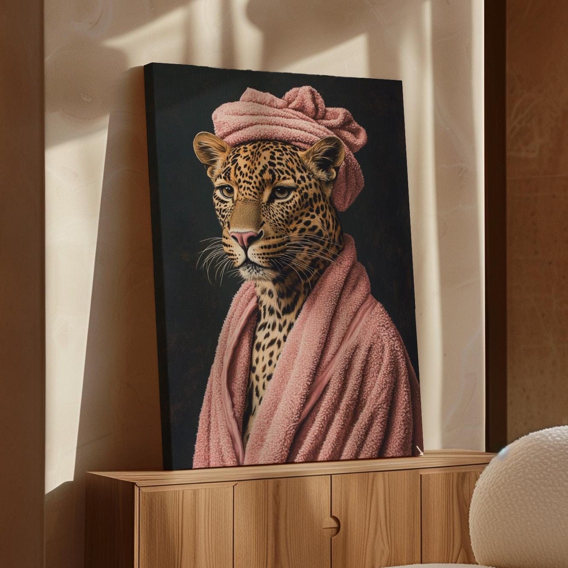Funny Leopard In Pink Robe And Spa Towel Turban Whimsical Poster