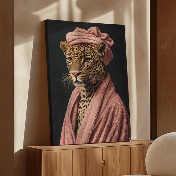 Funny Leopard In Pink Robe And Spa Towel Turban Whimsical Poster
