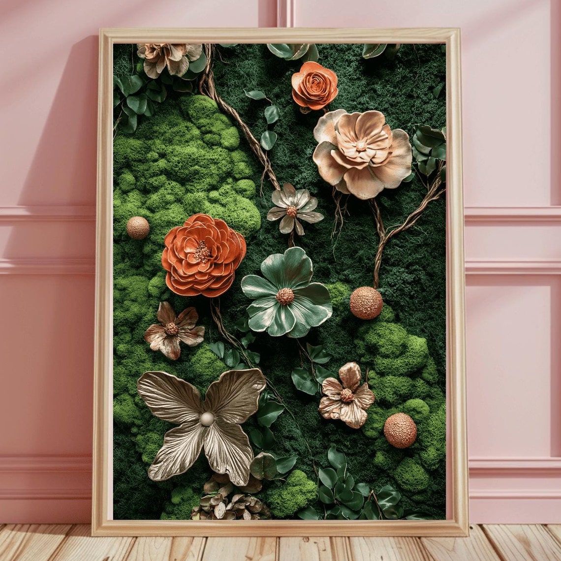Copper Rust Flowers and Metallic Leaf on Bright Moss Wall Poster