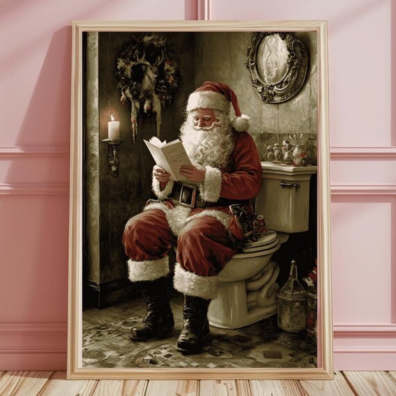 Santa Claus Reading on Toilet Vintage Oil Painting Funny Poster