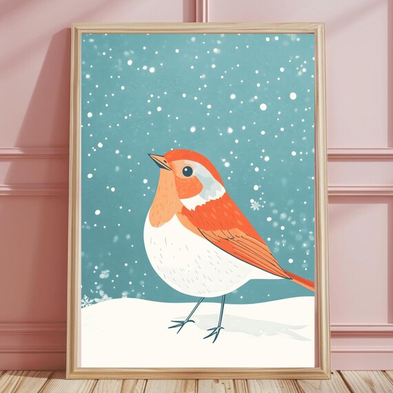 Cute Robin In Falling Snow Minimalist Christmas Bird Art Poster