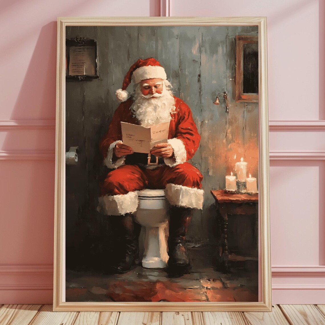 Funny Santa Claus Reading His Mail on the Toilet Vintage Bathroom Poster