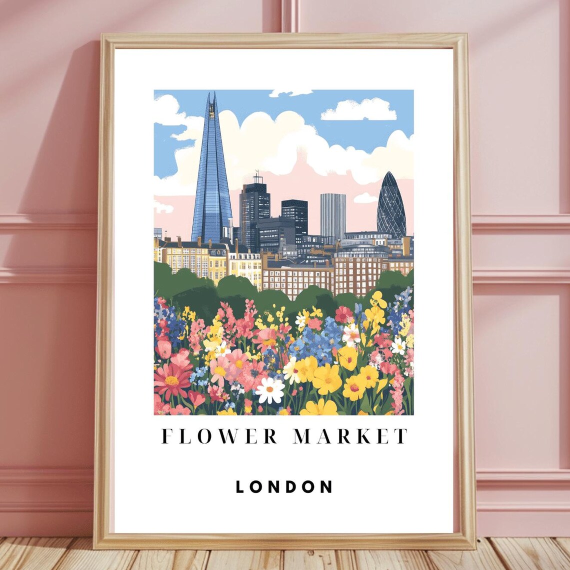 London Flower Market Pink Sunset Sky Shard Wildflower Poster