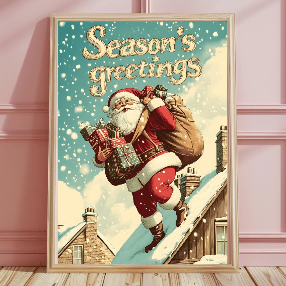 Retro Santa Walking a Snowy Wooden Rooftop Season's Greetings Poster