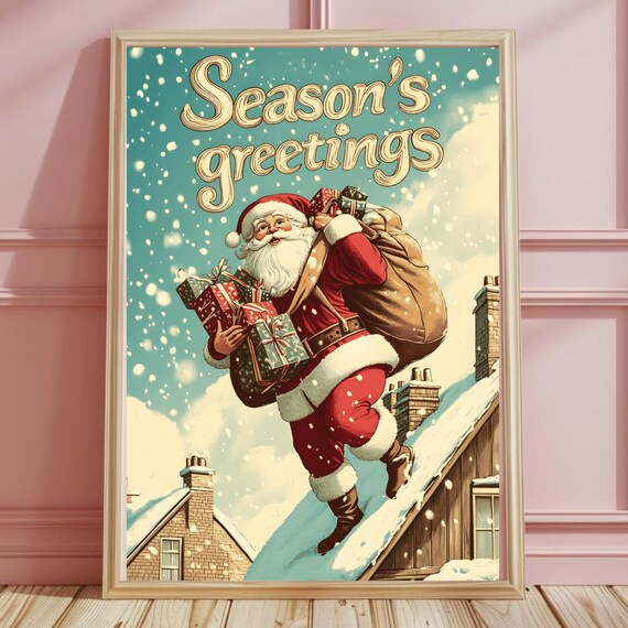 Retro Santa Walking a Snowy Wooden Rooftop Season's Greetings Poster