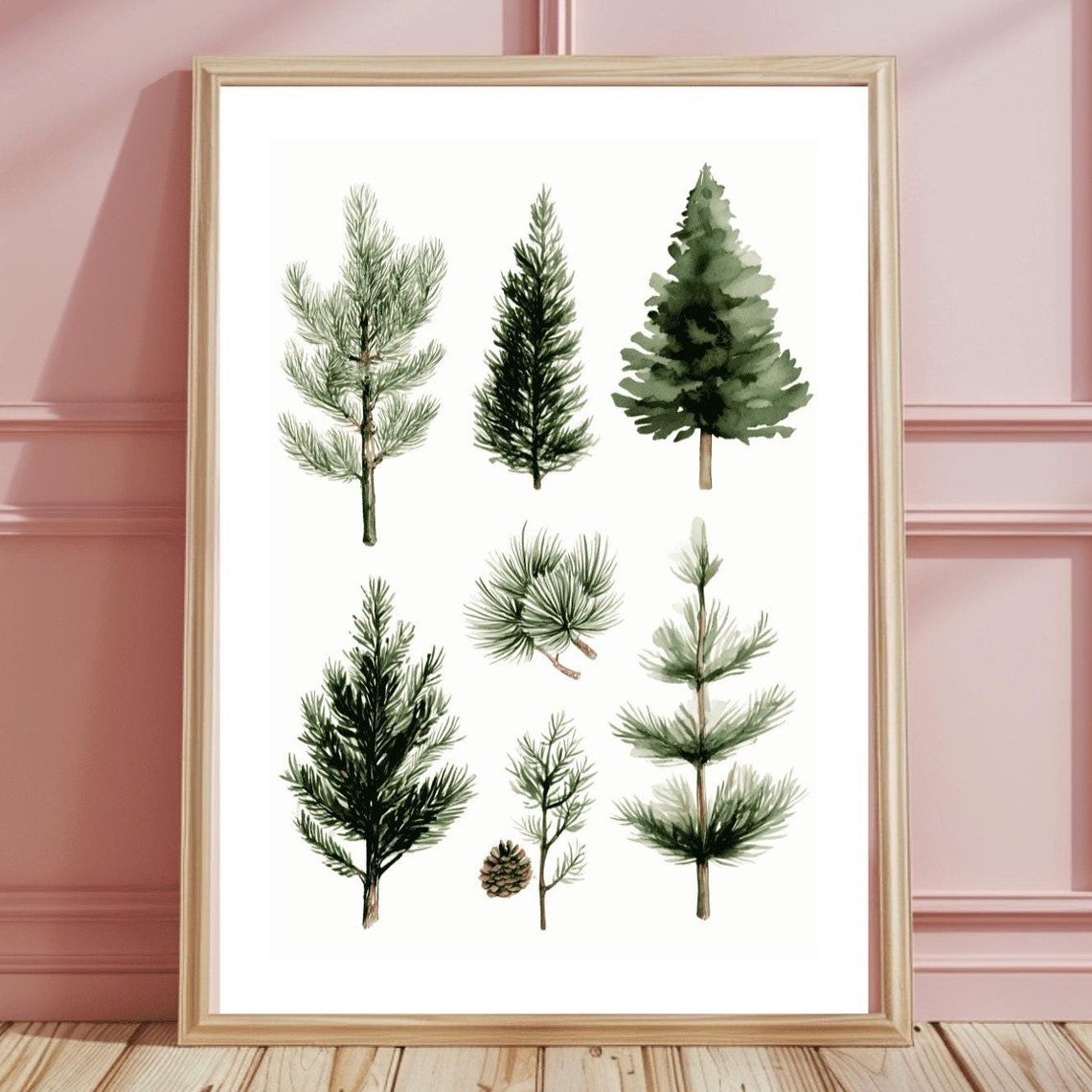 Watercolor Pine Branches Botanical Study with Pinecone Neutral Poster
