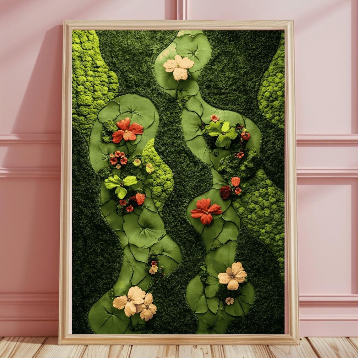 Winding Lily Pads and Red Flowers on Green Moss Living Wall Poster