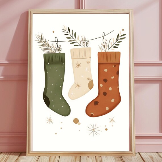 Three Hanging Christmas Stockings Sage Botanical Garland Poster