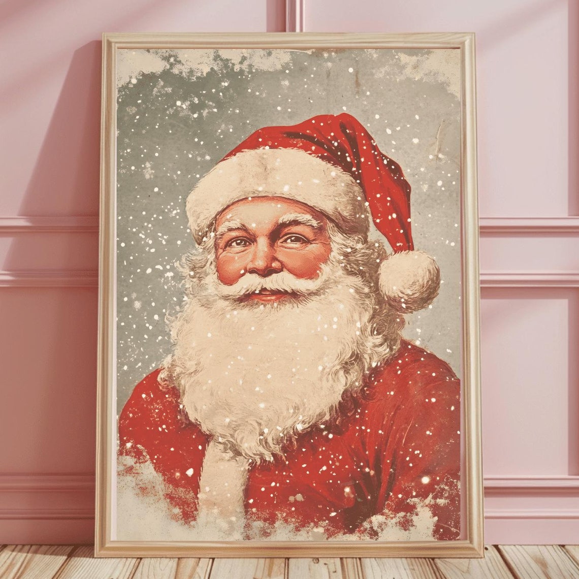 Warm Vintage Santa Claus Close-Up Portrait in Falling Snow Art Print