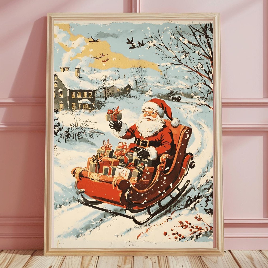 Classic Vintage Santa Waving from His Red Sleigh in the Snow Poster