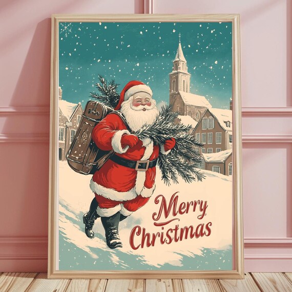 Retro Santa with Suitcase Carrying Fir Branches Merry Christmas Art Print