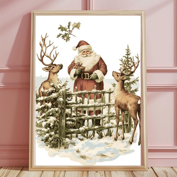 Vintage Watercolor Santa with Reindeer at a Fence under Holly Art Print