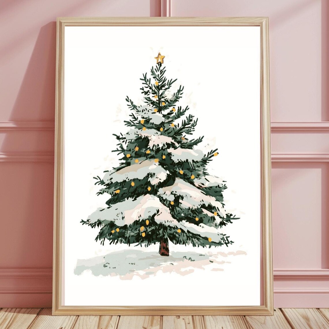 Graceful Snow-Dusted Watercolor Christmas Tree with Gold Star Art Print