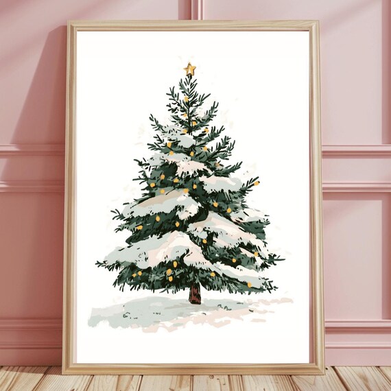Graceful Snow-Dusted Watercolor Christmas Tree with Gold Star Art Print