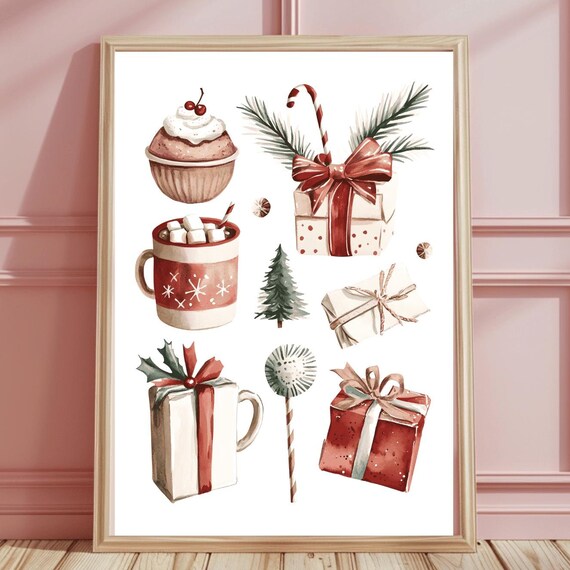 Charming Watercolor Christmas Cocoa Mugs Gifts and Candy Canes Art Print