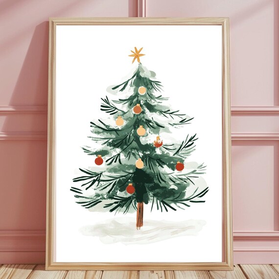 Loose Watercolor Christmas Tree with Red Baubles and Gold Star Art Print