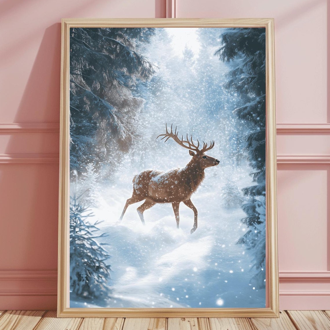 Majestic Stag in Sparkling Snowy Pine Forest Winter Blue Poster
