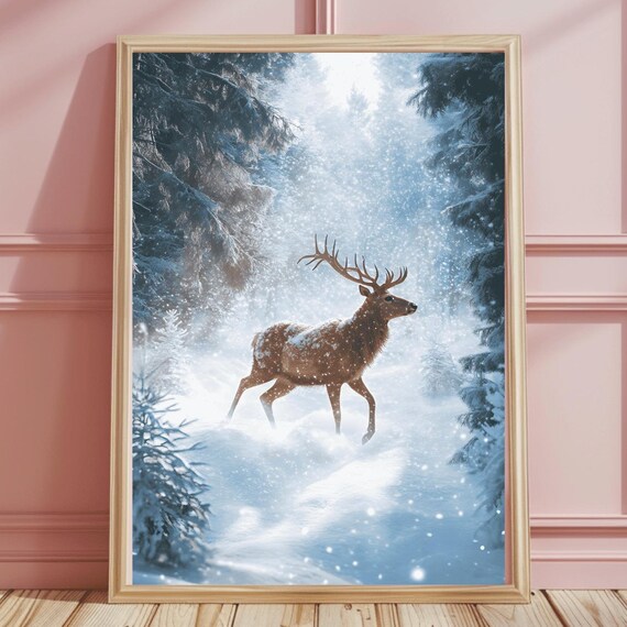 Majestic Stag in Sparkling Snowy Pine Forest Winter Blue Poster