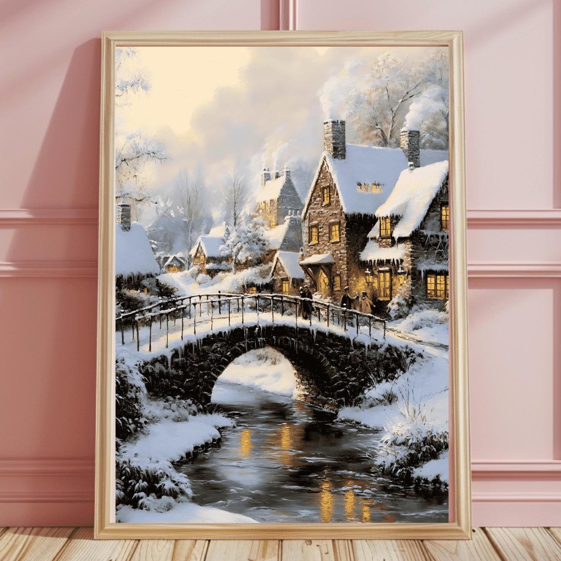 Snowy Village Stone Bridge Over Stream Glowing Cottages Poster